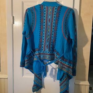 Johnny Was Biya XL short sweater turquoise blue w/ red gold blue embroidery
